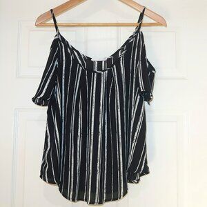 Womens Lush Black White Stripe Flowy Cold Shoulder Loose Fit Summer Top Small S